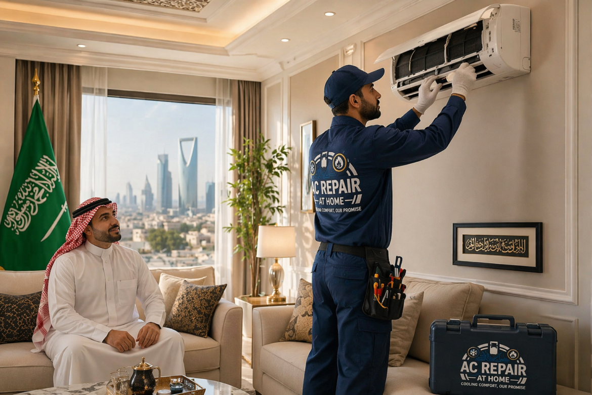 AC repair at home Riyadh in 60 minutes by professional technician fixing split air conditioner in modern living room