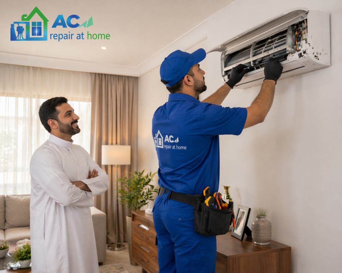 AC repair at home near me Riyadh technician fixing split air conditioner inside modern home