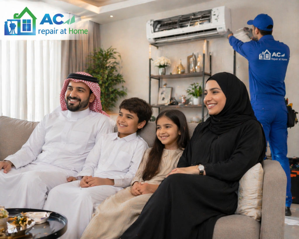 happy family after AC repair at home near me Riyadh enjoying cool living room with working air conditioner