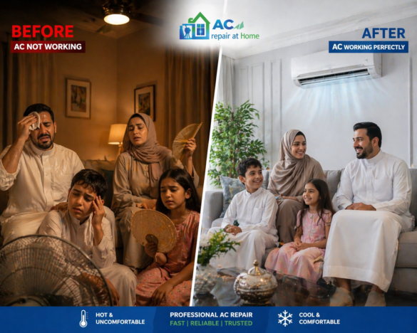 AC cooling problem solution Riyadh showing before and after AC repair with family feeling hot and then comfortable