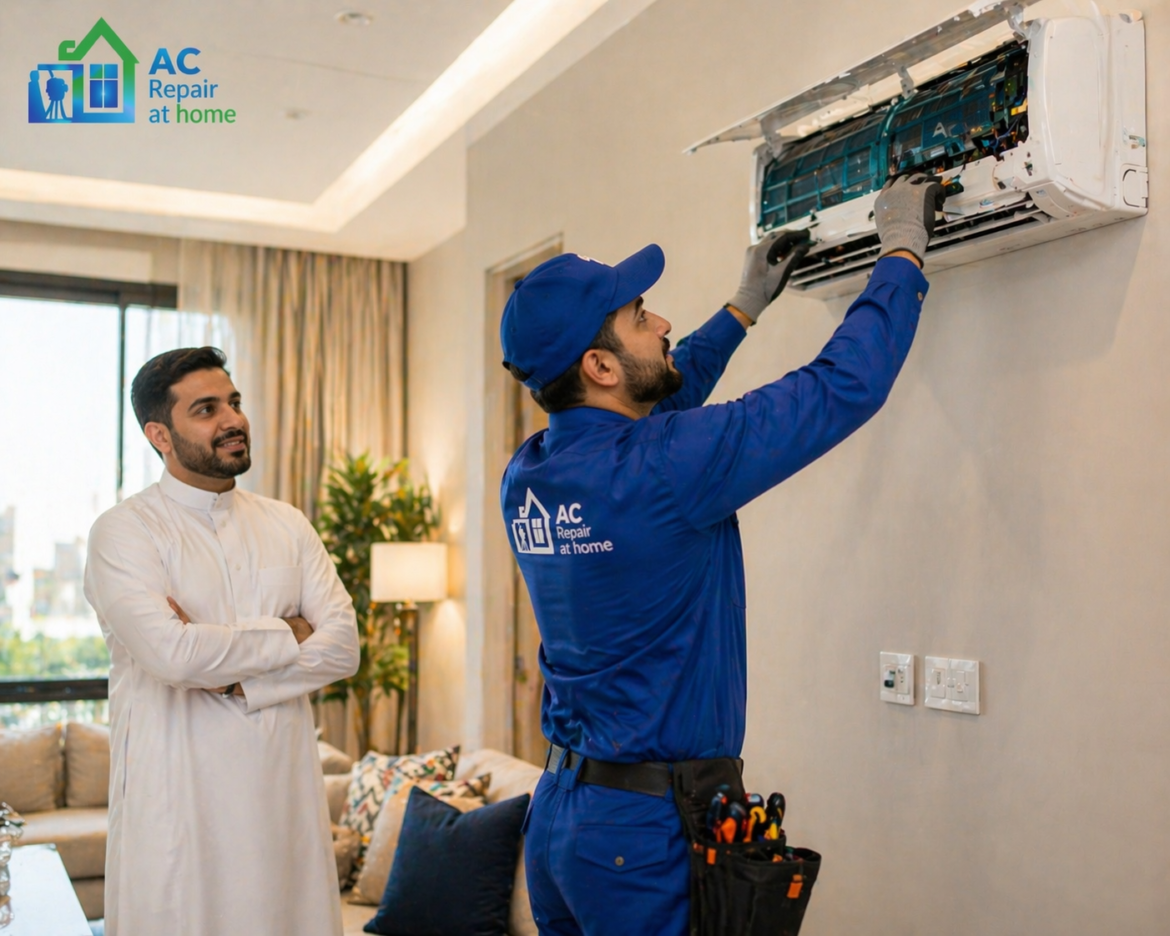AC repair service at home Riyadh technician fixing split air conditioner inside modern house