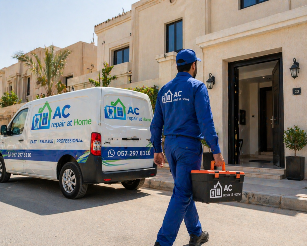 AC repair service at home Riyadh fast technician arriving at residential villa with service van