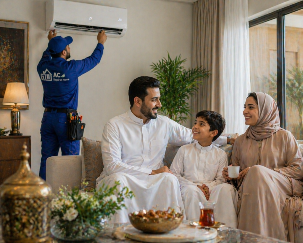 happy family enjoying cool home after AC repair service at home Riyadh with working air conditioner