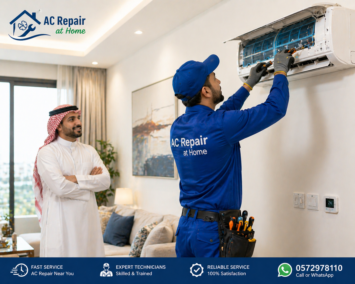 AC repair service Riyadh technician fixing split air conditioner inside modern home