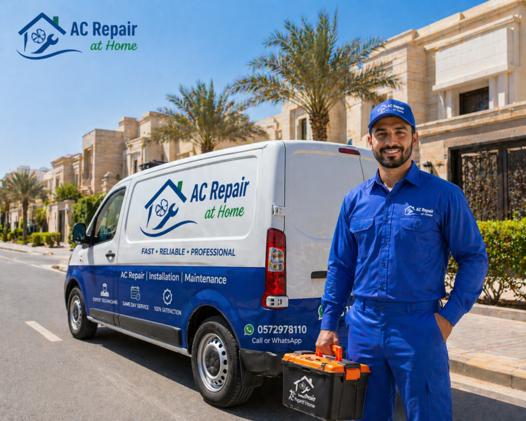AC repair service Riyadh technician standing with branded van in residential street