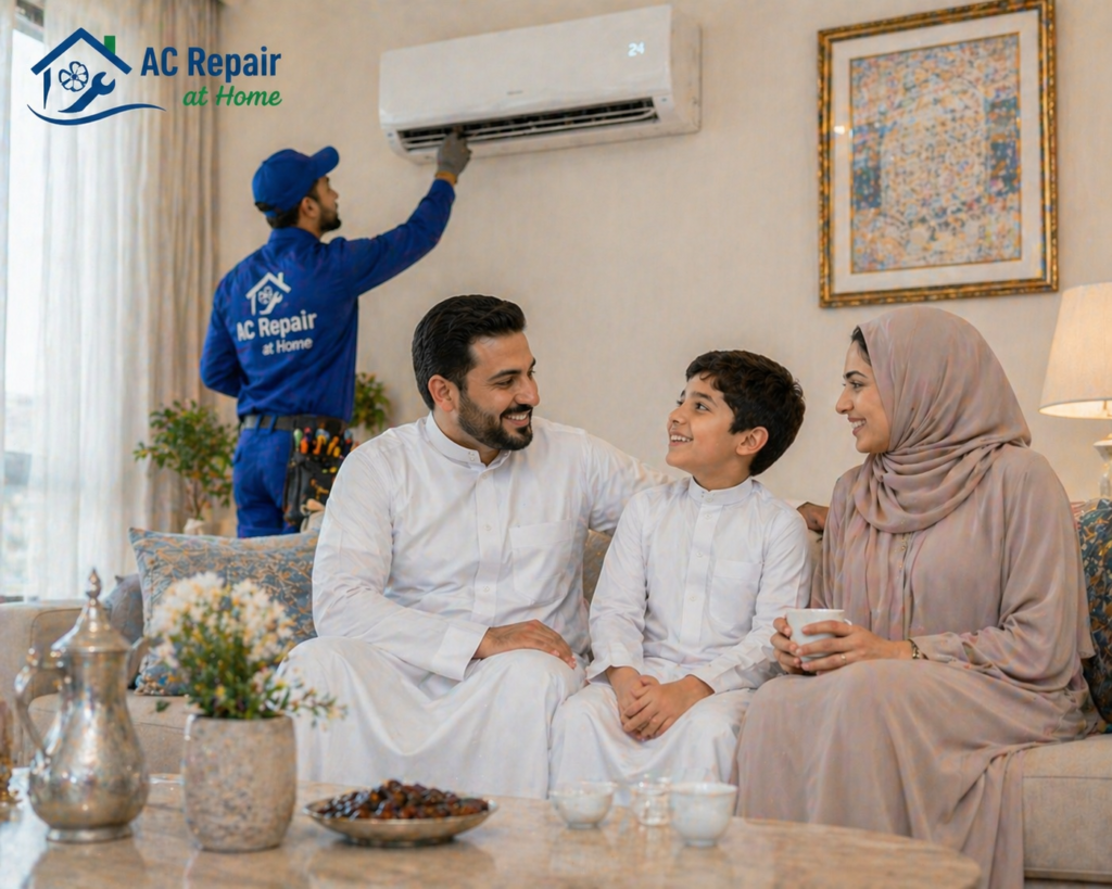 happy family enjoying cool home after AC repair service Riyadh with working air conditioner