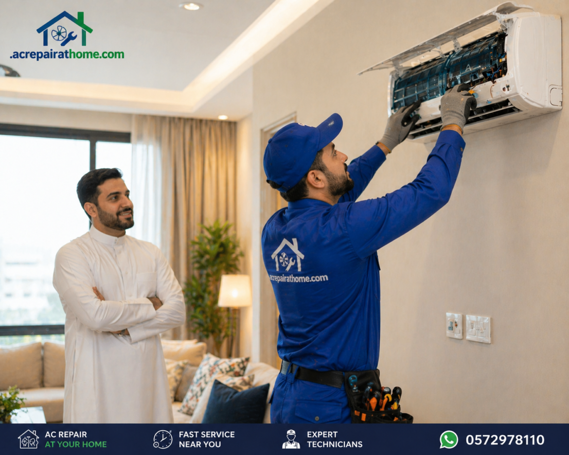 AC repair service at home near me Riyadh technician fixing split air conditioner inside modern home