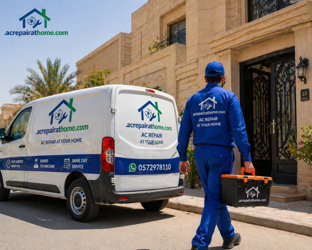 AC repair service at home near me Riyadh fast technician arriving at villa with service van