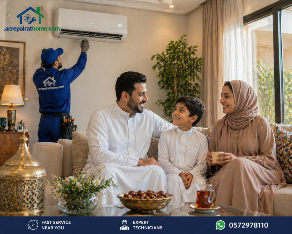 happy family enjoying cool home after AC repair service at home near me Riyadh with working AC
