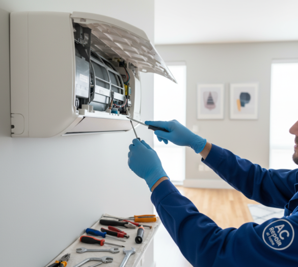 Best AC repair service at home technician fixing wall-mounted air conditioner with professional tools in a modern house