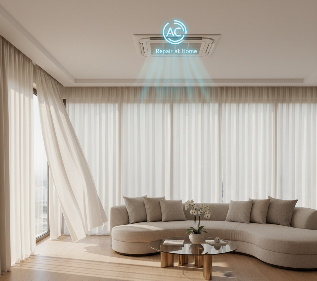 Best AC repair service at home creating a cool and comfortable living room with fresh air and modern interior design