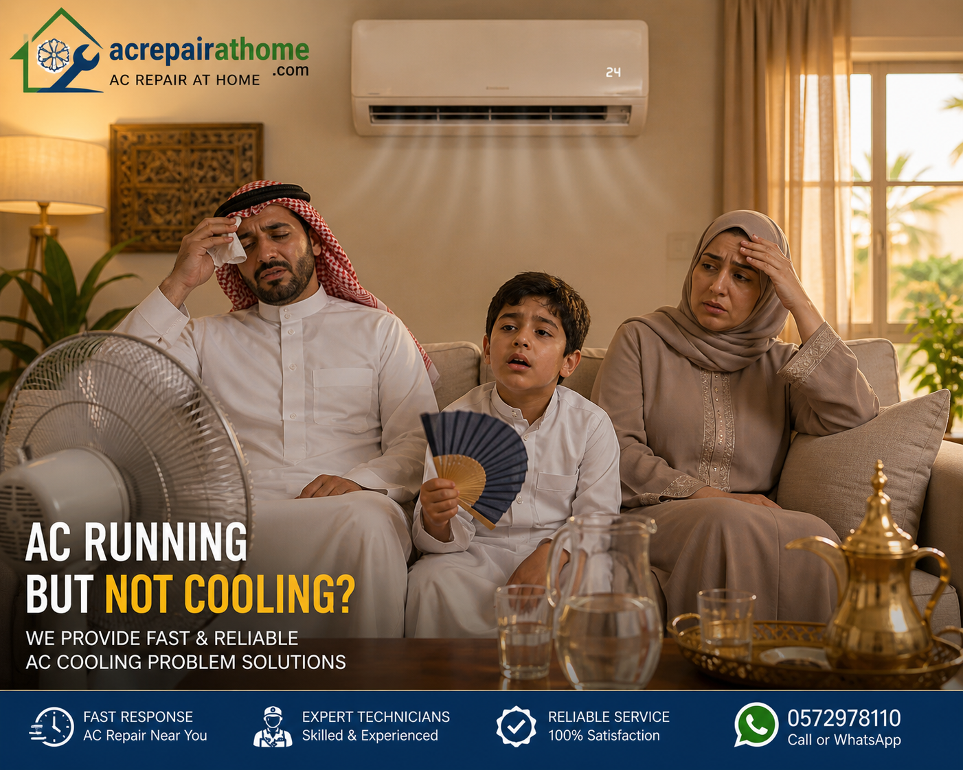 AC cooling problem solution Riyadh showing family feeling hot with air conditioner not cooling