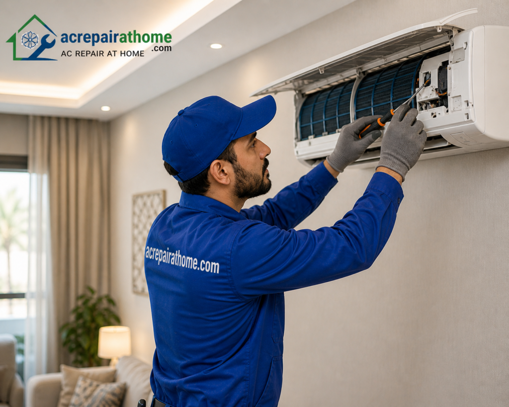 AC cooling problem solution Riyadh technician repairing split air conditioner inside home