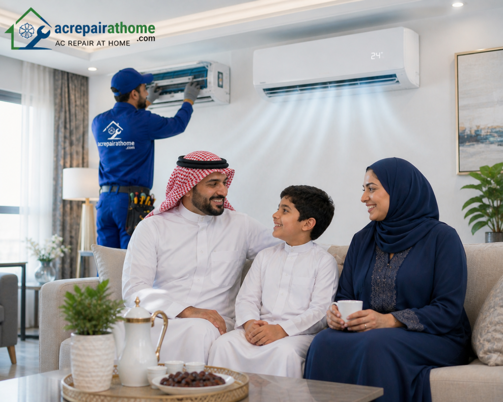 happy family enjoying cool home after AC cooling problem solution Riyadh with working AC
